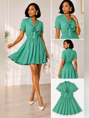 💚Forever 21 Green Polka Dot Tie-Neck Dress • XS • Vintage-Inspired Skater Style💚